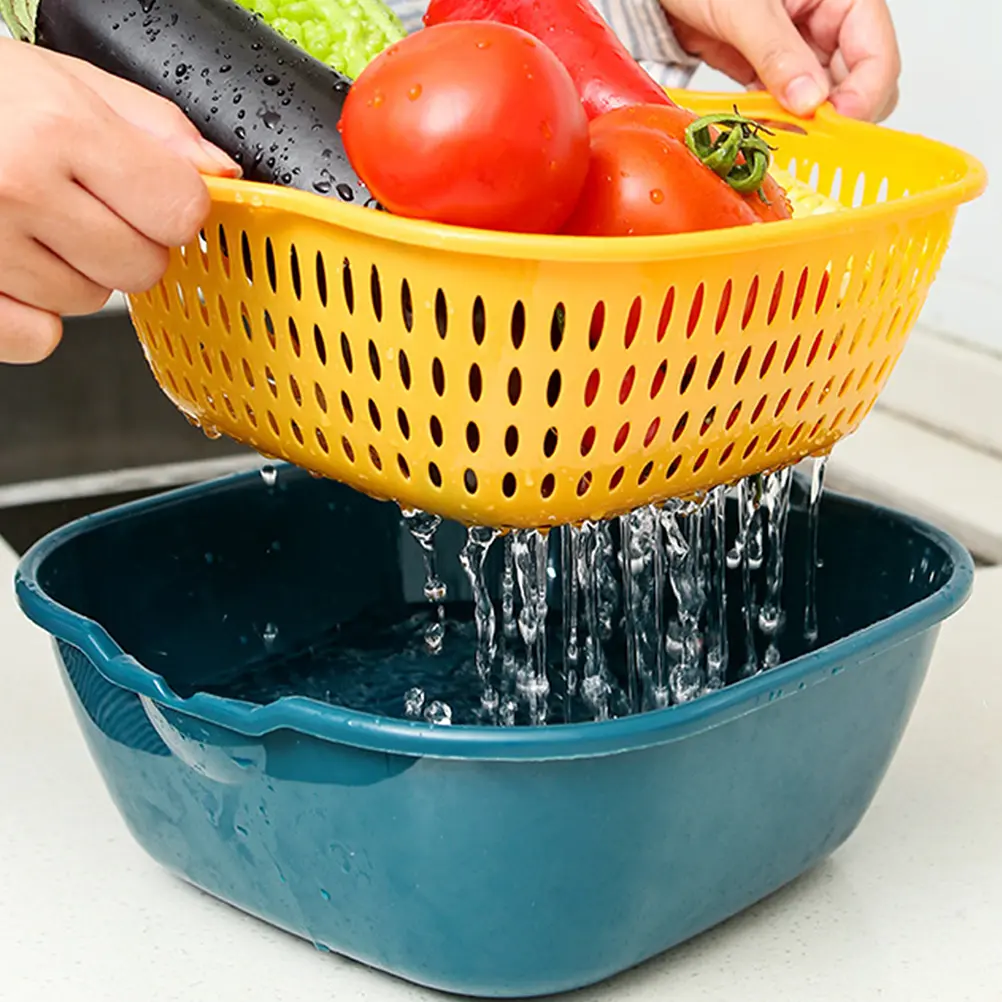 1 Set Heavy Duty Square Drain Basket Double Layer Strainer Vegetable Fruit Holder Multifunctional Storage Hollow Kitchen Gadgets