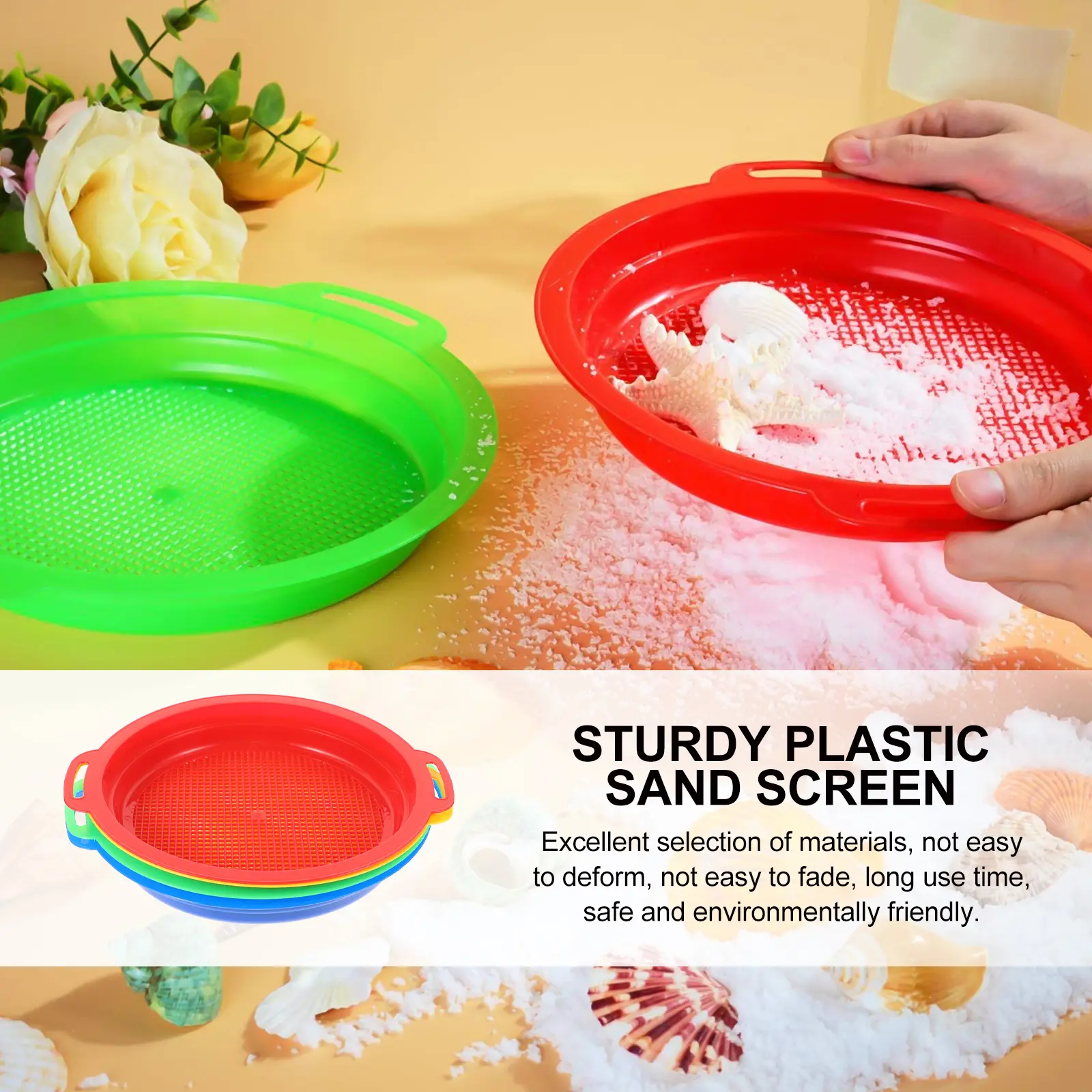 4pcs Garden Sieve Soil Filter Lightweight Durable Plastic Reusable for Planting Beach Sand Gardening Tools Spade Shovel