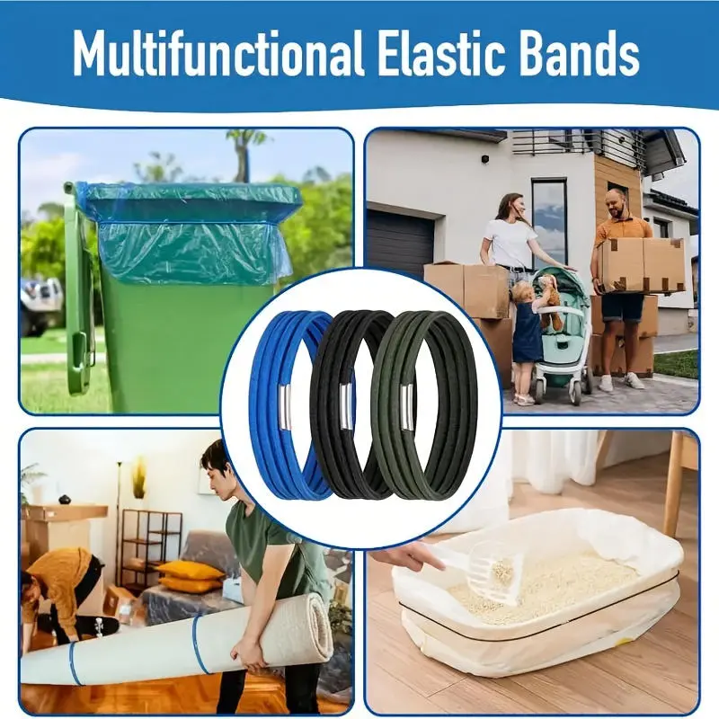 3PCS Adjustable Trash Can Bands Cord Lock Colorful Rubber Bands Household Elastic Garbage Can Bands For Home Office Litter Box