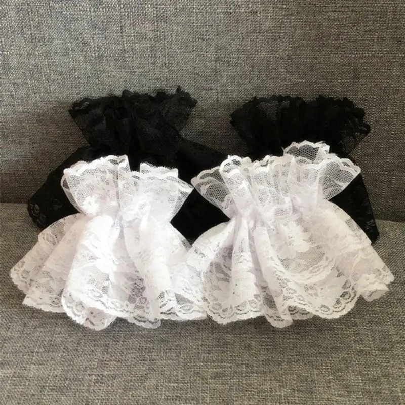 2Pcs/Pair Lolita Hand Sleeve Wrist Cuffs Ruffled Floral Black Lace Elastic Bracelet Elegant Women Girls Wrist Warmers Gloves