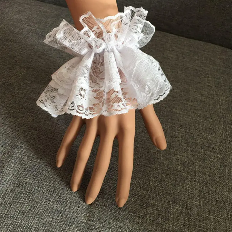 2Pcs/Pair Lolita Hand Sleeve Wrist Cuffs Ruffled Floral Black Lace Elastic Bracelet Elegant Women Girls Wrist Warmers Gloves