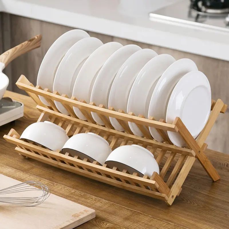 Storage Tray Bamboo double-layer Bowl Tray Rack Convenient Drain Rack Multifunctional Dish Drying Rack Kitchen Supplies