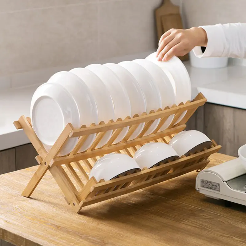 Storage Tray Bamboo double-layer Bowl Tray Rack Convenient Drain Rack Multifunctional Dish Drying Rack Kitchen Supplies