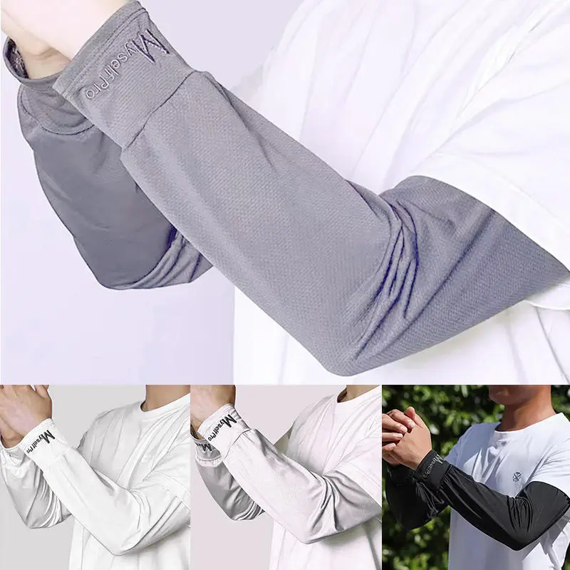 1 Pair Mens Ice Arm Sleeves Sunscreen Elastic Driving Gloves Outdoor UV Protection Arm Cover Sleeves Lightweight Cool Muff Black