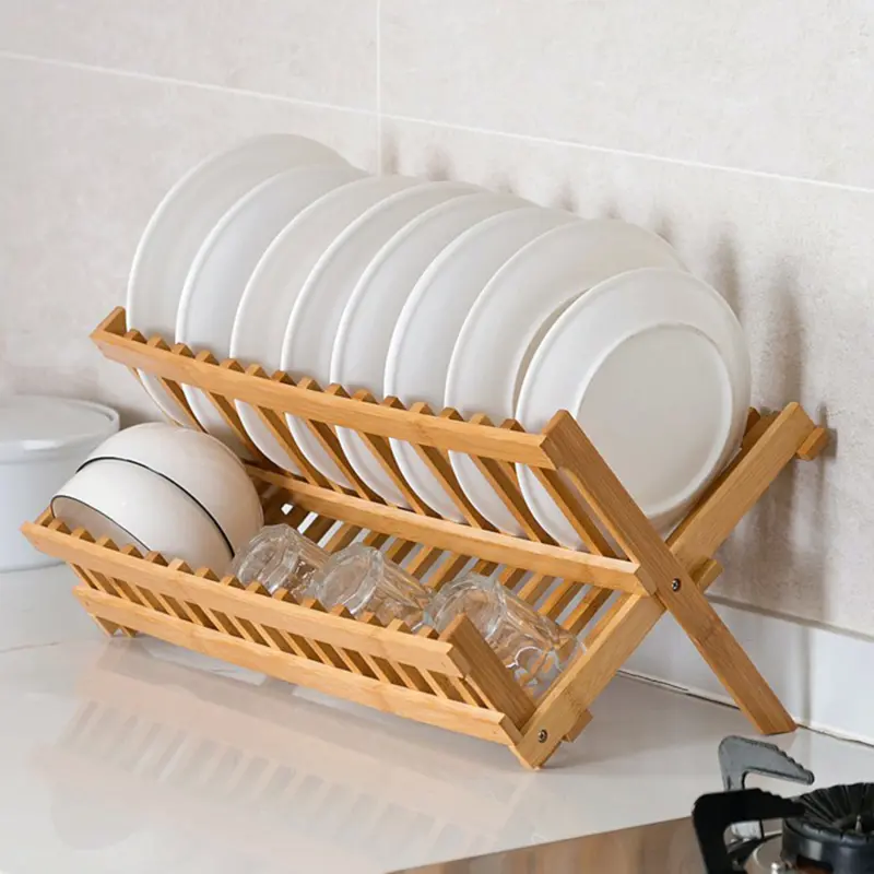Storage Tray Bamboo double-layer Bowl Tray Rack Convenient Drain Rack Multifunctional Dish Drying Rack Kitchen Supplies