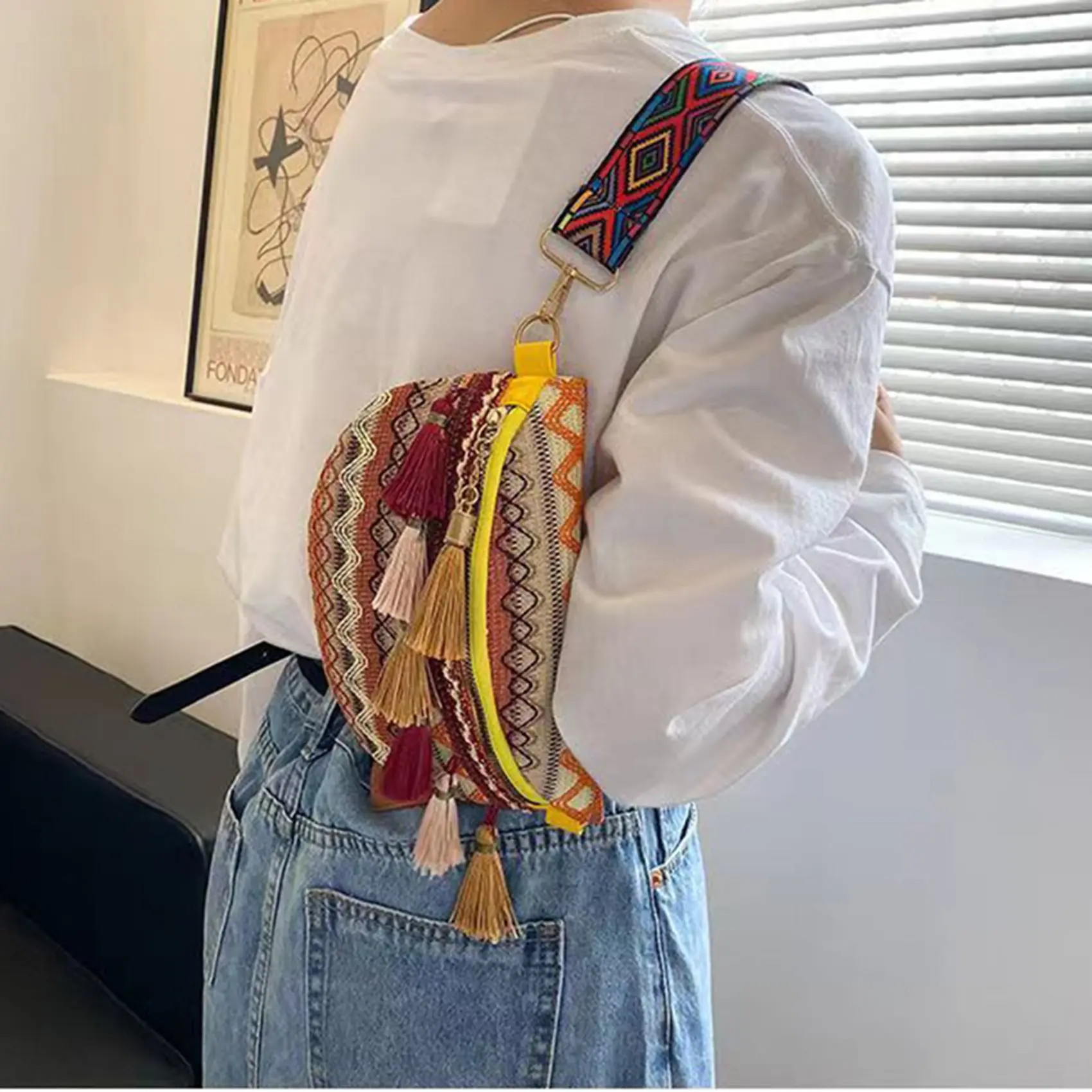 1Pc Female Ethnic Style Waist Bag with Adjustable Strap Variegated Color Fanny Pack with Fringe Decor Crossbody Chest Bag