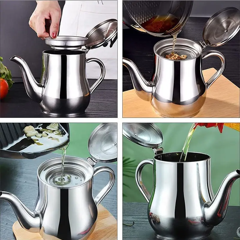1Pc Household Stainless Steel Oil Pot with Filter 800ml 1000ml 1500ml Stainless Steel Cooking Kettle Portable Pot 300 400 550ml