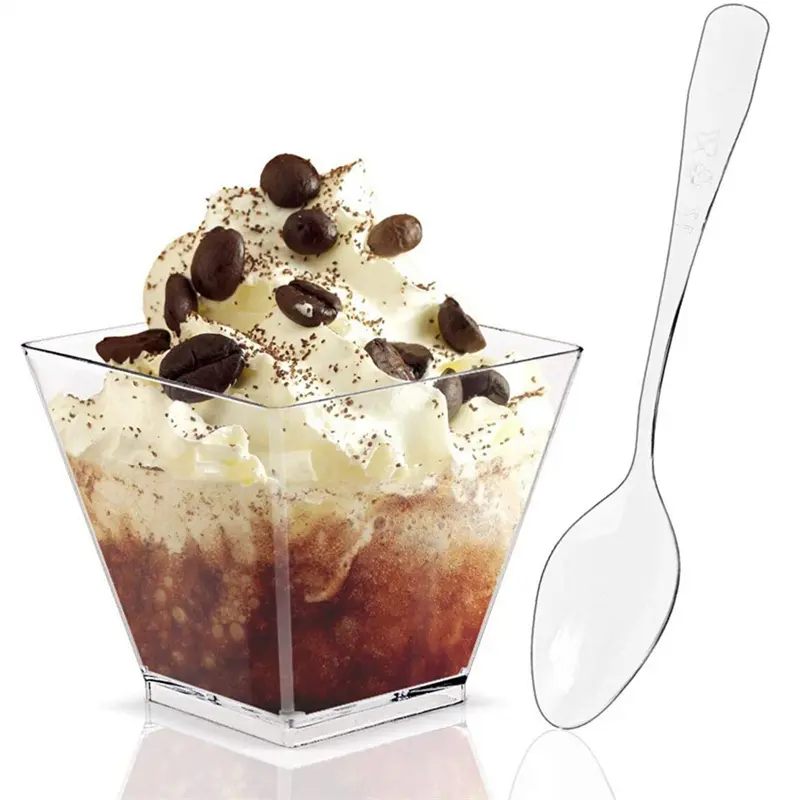 Disposable Tableware Set Dessert Cups Spoons Set Jelly Smoothie Mousse Fruit Cube Pudding Cup Party PS Dessert Suit Cups