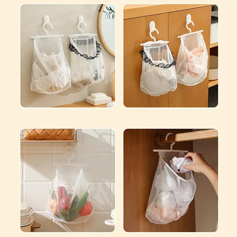 White SpaceSaving Breathable Mesh Bag Kitchen Laundry Holder Fruit Vegetable Pouch Bathroom Storage Bags Clothespin Bag Hanging