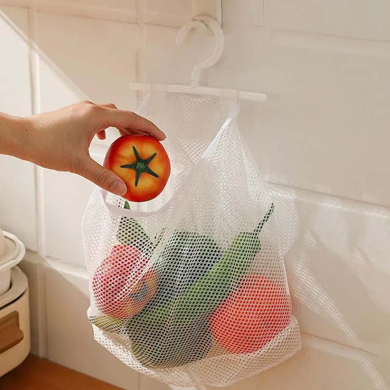 White SpaceSaving Breathable Mesh Bag Kitchen Laundry Holder Fruit Vegetable Pouch Bathroom Storage Bags Clothespin Bag Hanging