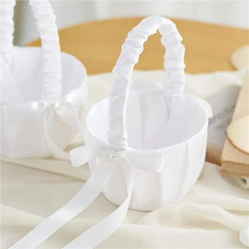 Elegant Wedding Flower Girl Basket White Cute Satin Holder Ring Pillow Flower Storage Basket For Party Wedding Decoration