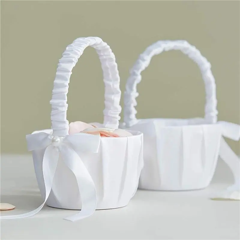 Elegant Wedding Flower Girl Basket White Cute Satin Holder Ring Pillow Flower Storage Basket For Party Wedding Decoration