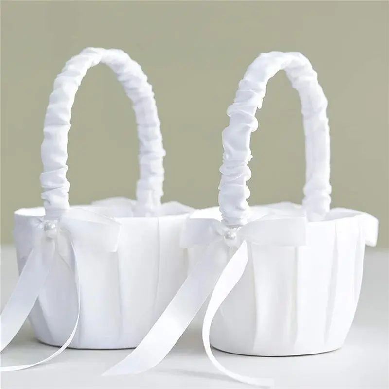 Elegant Wedding Flower Girl Basket White Cute Satin Holder Ring Pillow Flower Storage Basket For Party Wedding Decoration