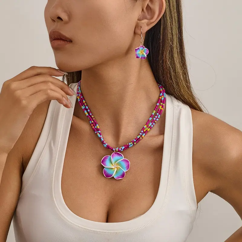 Women Jewelry Set Cute Fashion Seaside Beach Colorful Flower Earrings Girls Sweet Elegant Beaded Chain Braided Necklace Girl