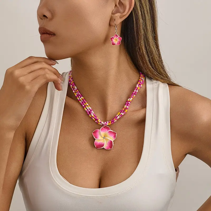 Women Jewelry Set Cute Fashion Seaside Beach Colorful Flower Earrings Girls Sweet Elegant Beaded Chain Braided Necklace Girl