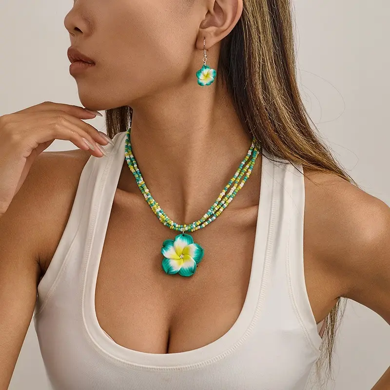 Women Jewelry Set Cute Fashion Seaside Beach Colorful Flower Earrings Girls Sweet Elegant Beaded Chain Braided Necklace Girl