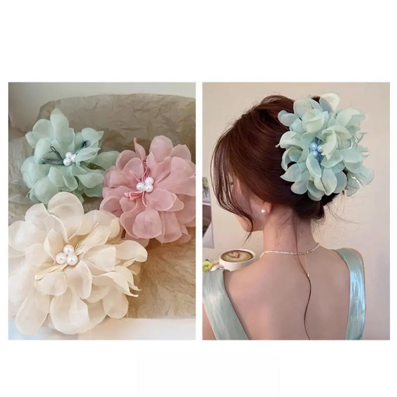 Chiffon Flower Grip Clip Advanced Shark Clip Smoke Sensitive Women's Back Of The Head Temperament Hair Clip Hair Accessories
