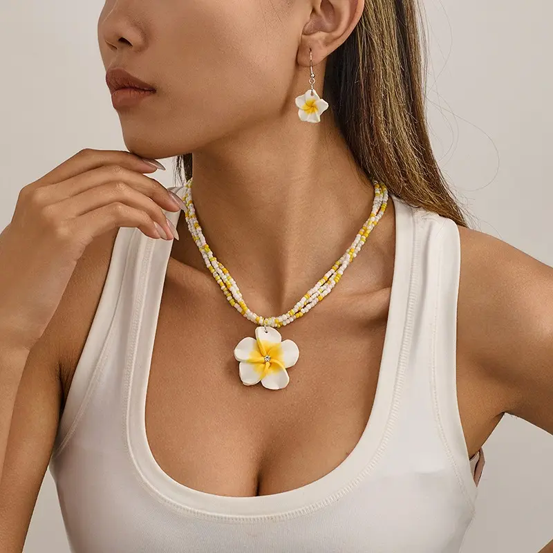 Women Jewelry Set Cute Fashion Seaside Beach Colorful Flower Earrings Girls Sweet Elegant Beaded Chain Braided Necklace Girl
