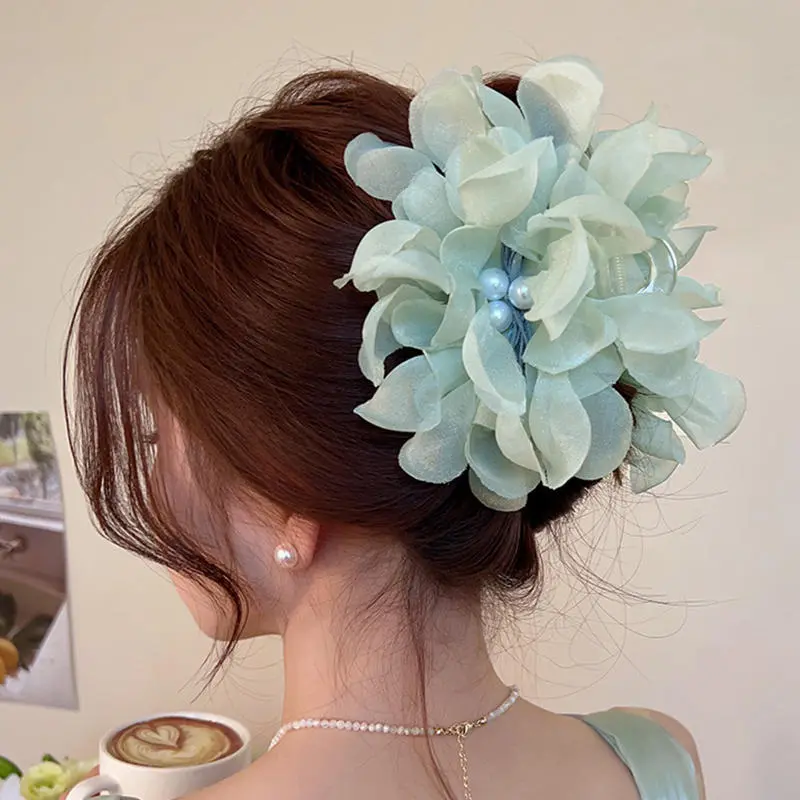 Chiffon Flower Grip Clip Advanced Shark Clip Smoke Sensitive Women's Back Of The Head Temperament Hair Clip Hair Accessories