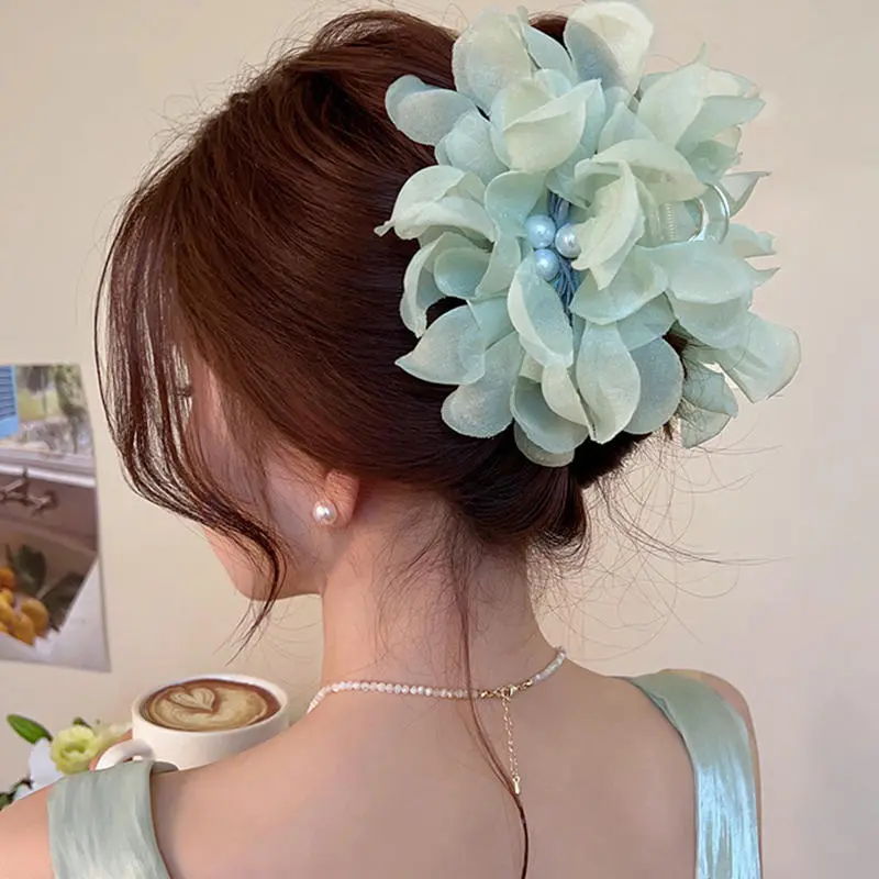 Chiffon Flower Grip Clip Advanced Shark Clip Smoke Sensitive Women's Back Of The Head Temperament Hair Clip Hair Accessories