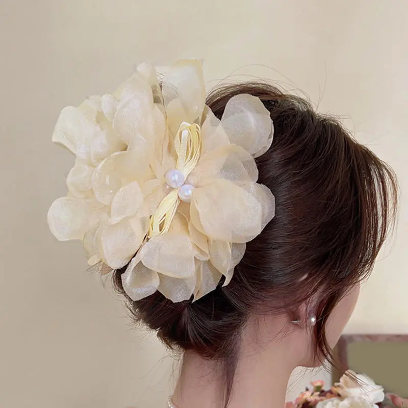 Chiffon Flower Grip Clip Advanced Shark Clip Smoke Sensitive Women's Back Of The Head Temperament Hair Clip Hair Accessories
