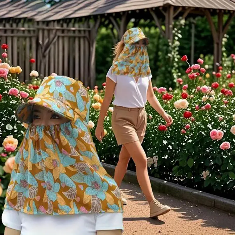 Sun Hat Broken Flowers Picking Tea Hat UV Protection Face Mask Sunshade Shawl Cap Breathable Sunshade Shawl Cap For Fishing
