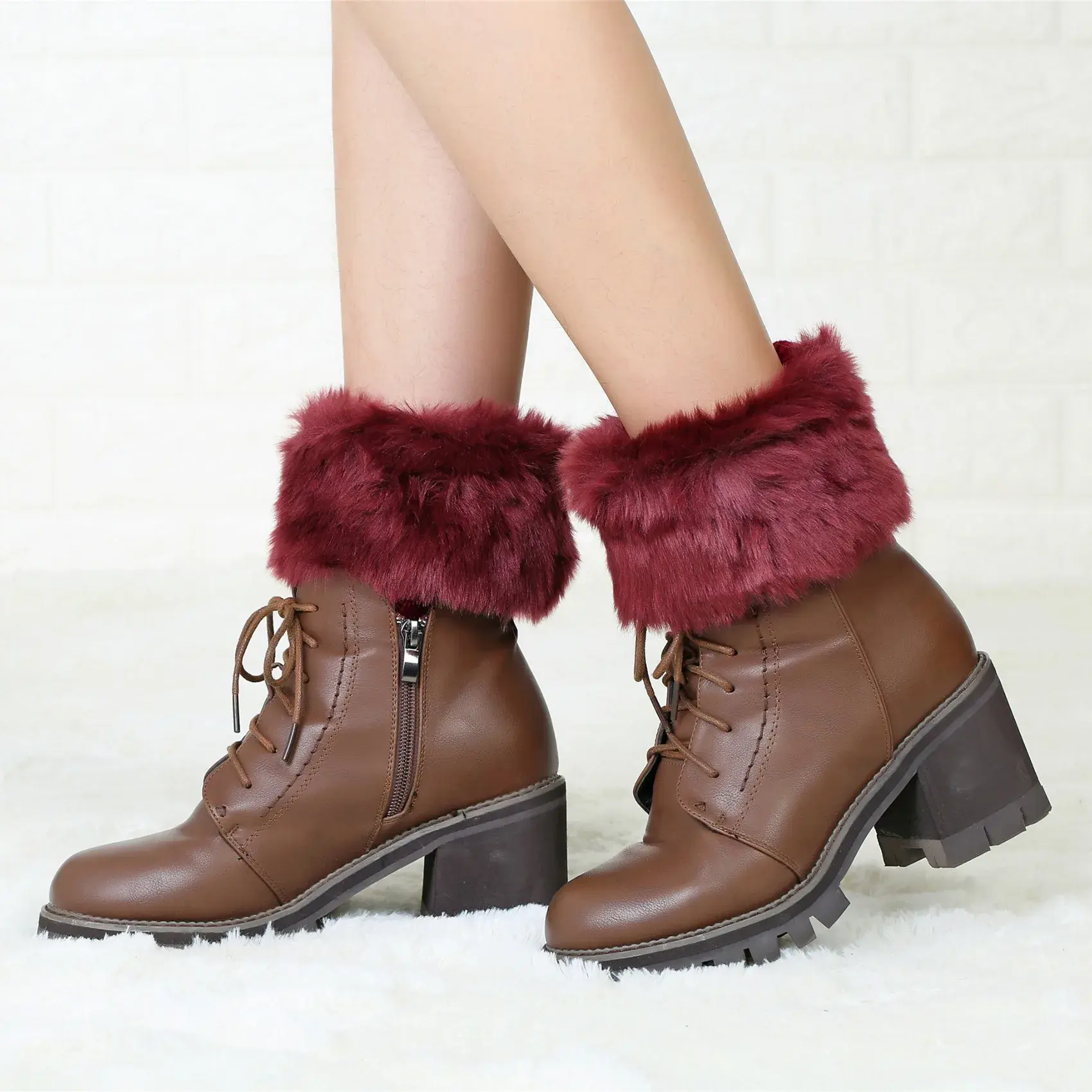 Women Leg Warmers Winter Autumn Lady Crochet Knitted Turn-over Fur Trim Leg Boat Socks Thick Boot Cuffs Toppers Foot Cover Warm