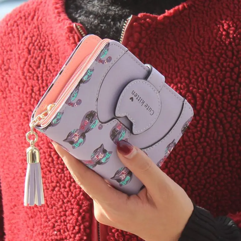 Tassel Cartoon Cat Women Wallet Printing PU Leather Women Wallets Brand Designed Coin Purse Female Card Holder Cute Girl Wallets