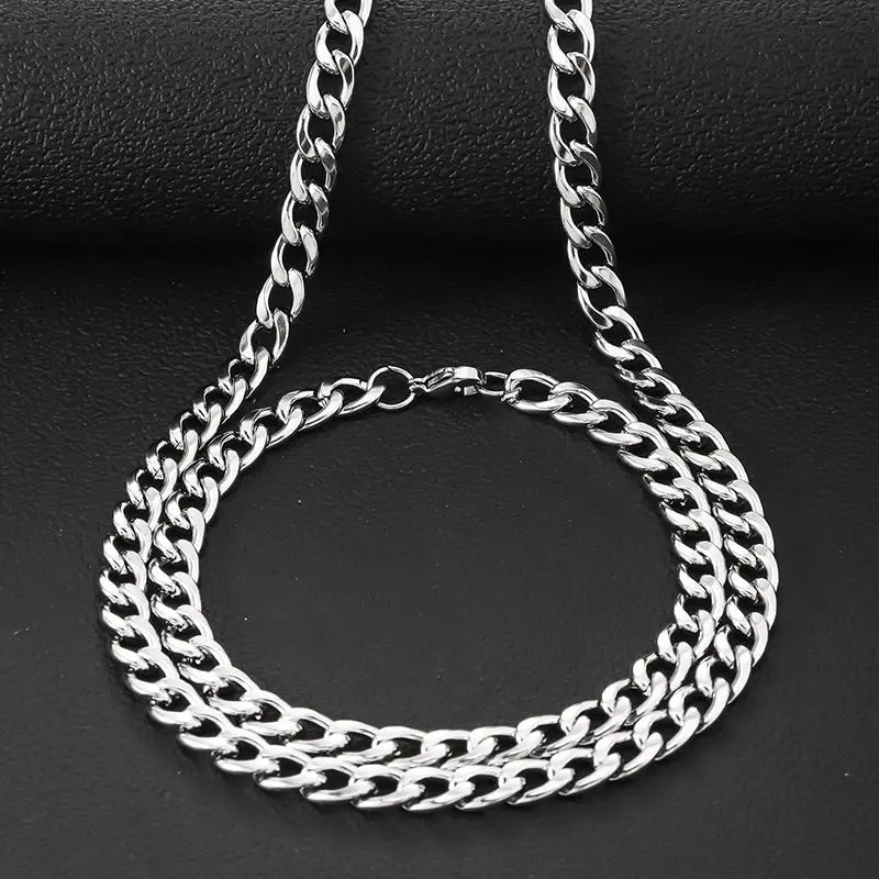 Men Women's Jewelry Sets Stainless Steel Necklace Bracelet Set Hiphop Simple Design Chain Jewelry Set