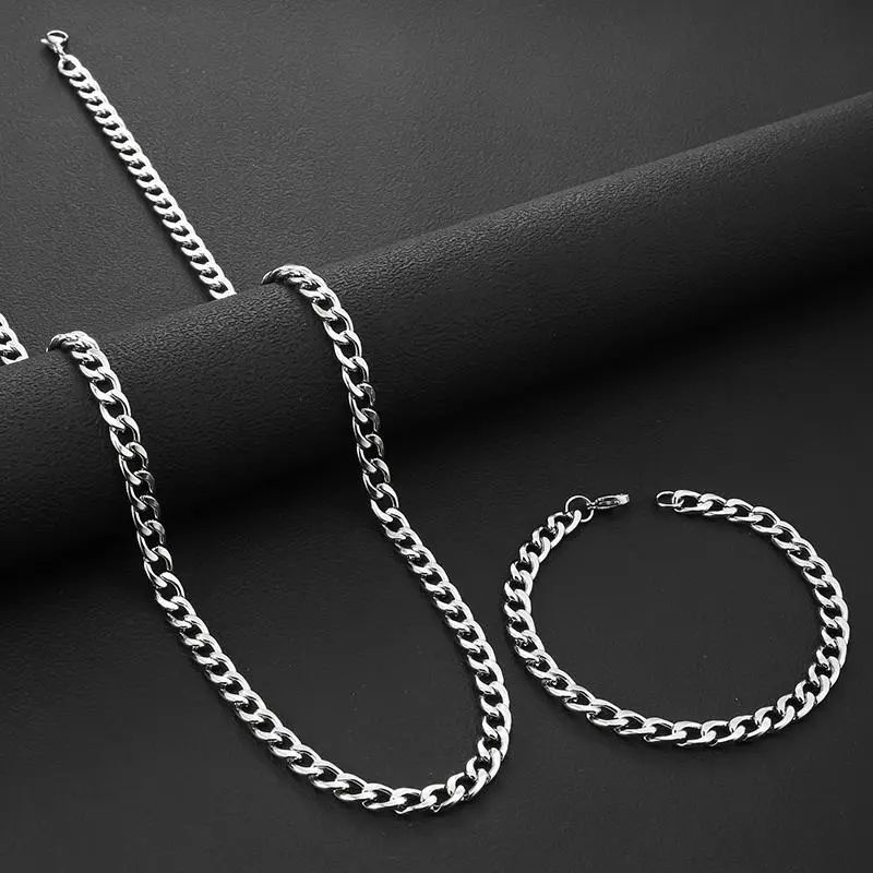 Men Women's Jewelry Sets Stainless Steel Necklace Bracelet Set Hiphop Simple Design Chain Jewelry Set