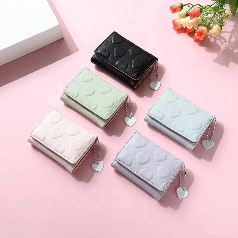 Cartoon Small Wallet Cute Korean Short Wallet Women's Solid Color With Heart Pattern Simple Multi Card Bag Zero Wallet