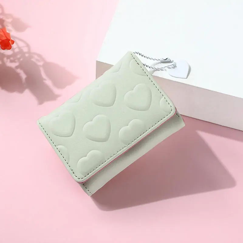 Cartoon Small Wallet Cute Korean Short Wallet Women's Solid Color With Heart Pattern Simple Multi Card Bag Zero Wallet