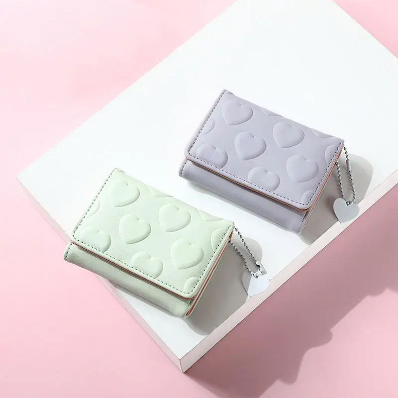 Cartoon Small Wallet Cute Korean Short Wallet Women's Solid Color With Heart Pattern Simple Multi Card Bag Zero Wallet