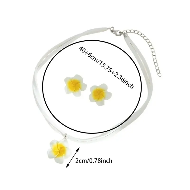 Fashion Simple Resin Frangipani Flower Necklace & Earrings Set for Women Gradient Color Plumeria Choker Chain Beach Jewelry Gift