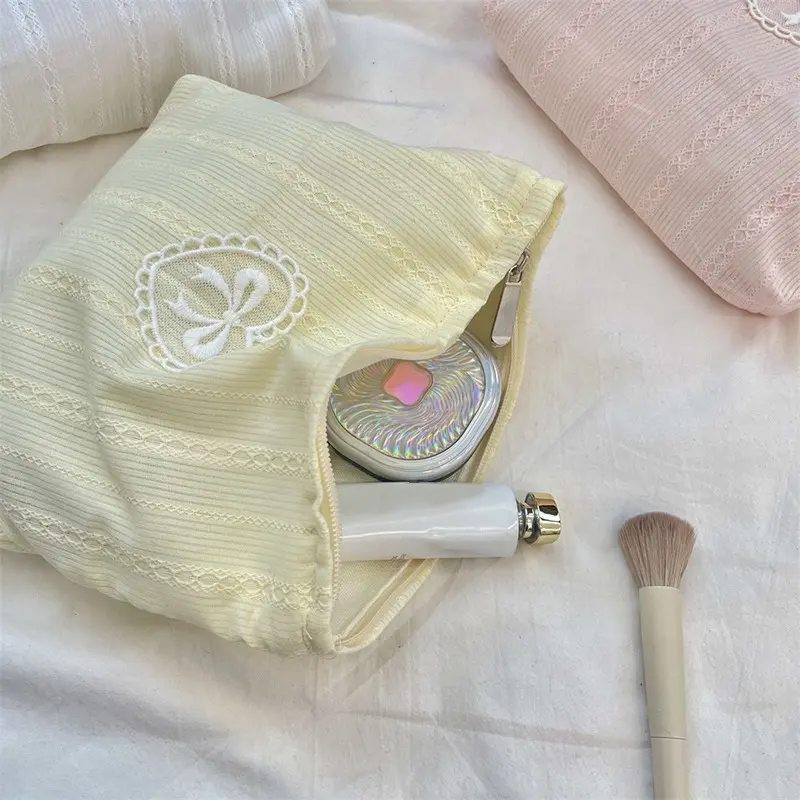 Beautiful INS Simplicity Cosmetic Bag Sweet Embroidery Bow Striped Makeup Case Portable Travel Earphone Cable Storage Bags