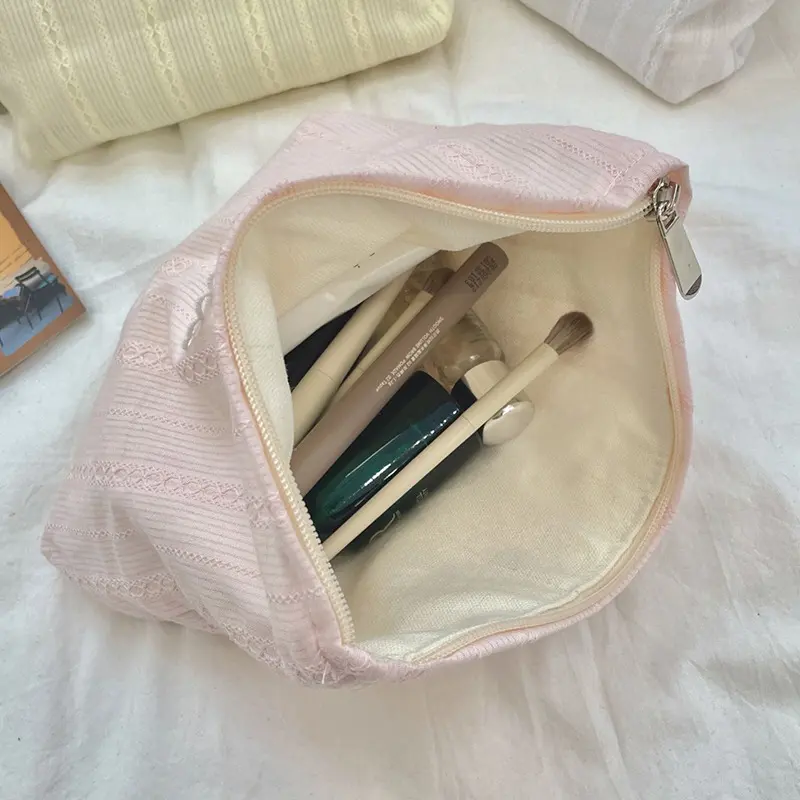 Beautiful INS Simplicity Cosmetic Bag Sweet Embroidery Bow Striped Makeup Case Portable Travel Earphone Cable Storage Bags
