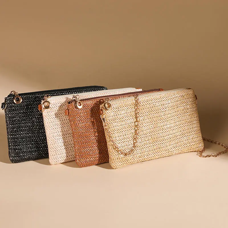 Summer Beach Flat Bag Handwoven Rattan Straw Bags Lock Handbag Women Woven Chains Crossbody Shoulder Bag Clutch Purse