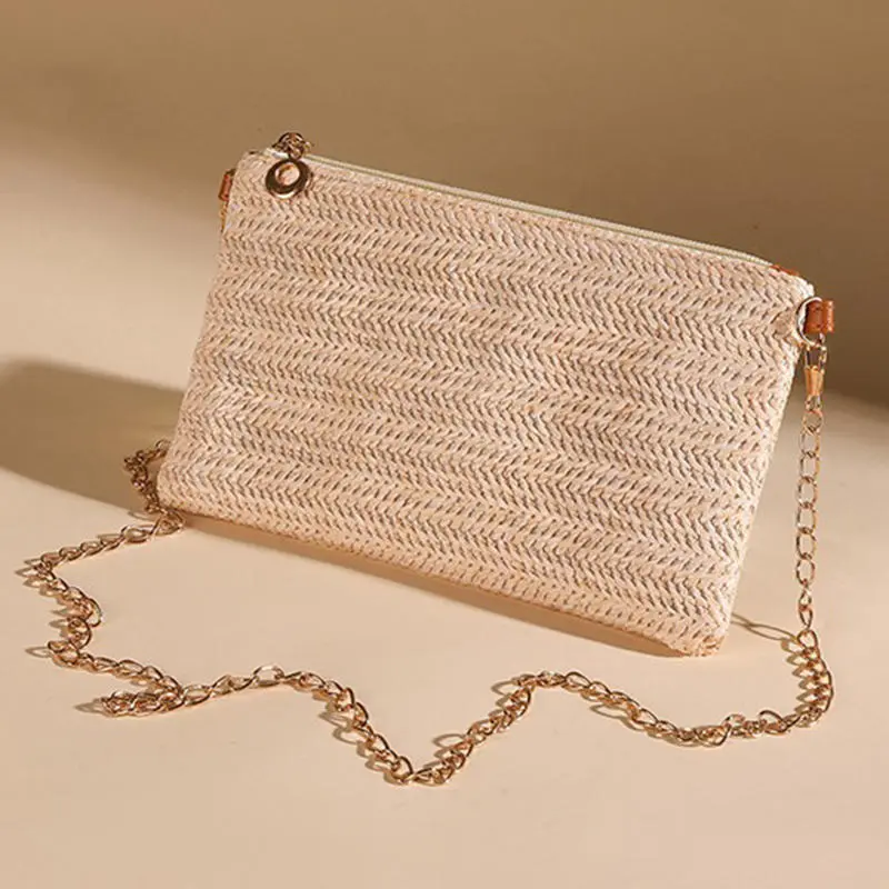 Summer Beach Flat Bag Handwoven Rattan Straw Bags Lock Handbag Women Woven Chains Crossbody Shoulder Bag Clutch Purse