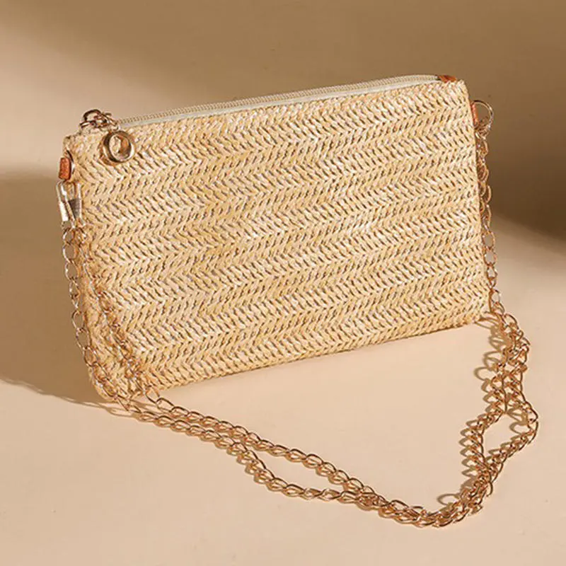 Summer Beach Flat Bag Handwoven Rattan Straw Bags Lock Handbag Women Woven Chains Crossbody Shoulder Bag Clutch Purse