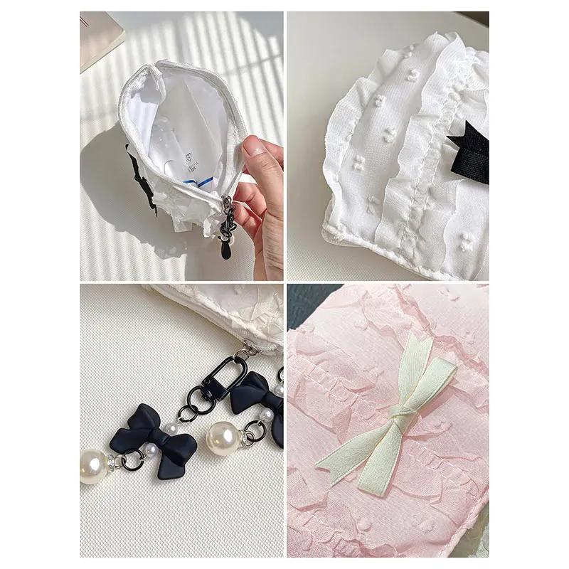 Cute Women Makeup Mini Bag Korean Lace Bow Portable Coin Purse Small Pouch Handbag Kawaii Female Cosmetic Storage Zipper Bag
