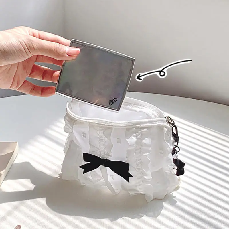 Cute Women Makeup Mini Bag Korean Lace Bow Portable Coin Purse Small Pouch Handbag Kawaii Female Cosmetic Storage Zipper Bag