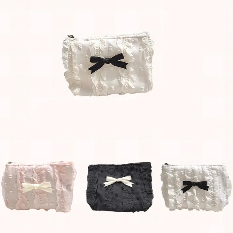 Cute Women Makeup Mini Bag Korean Lace Bow Portable Coin Purse Small Pouch Handbag Kawaii Female Cosmetic Storage Zipper Bag