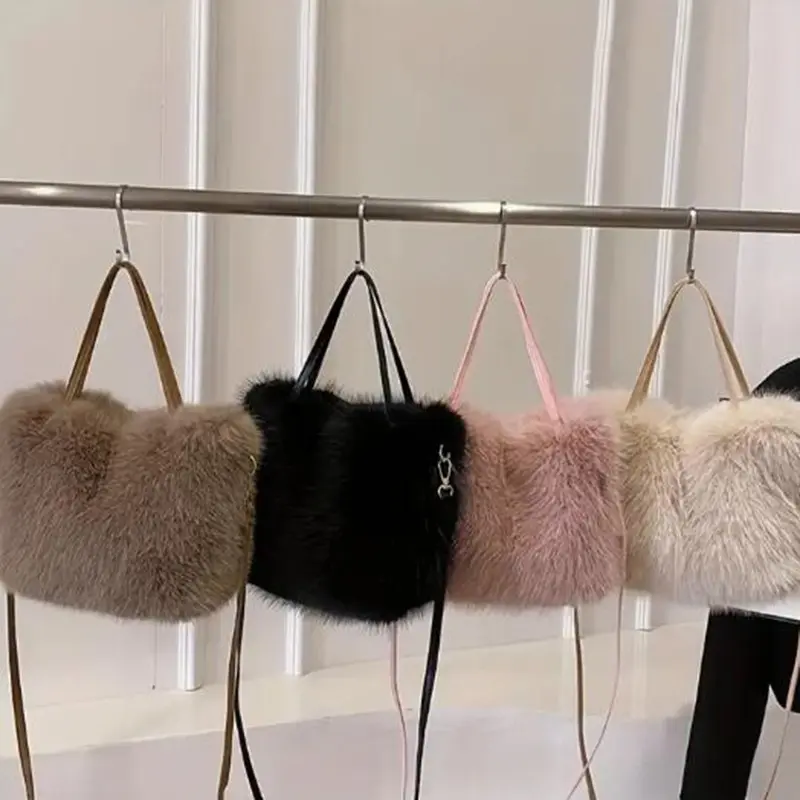 2024 New Faux Fur Tote Bag Women's Bucket Plush Luxury Design Ladies Handbags Soft Winter Crossbody Shoulder Bags