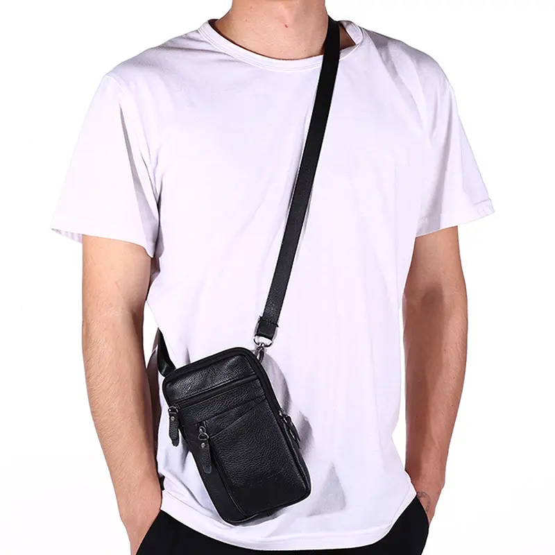 Leather Waist Bag Men's Mobile Phone Bag Waterproof Wearing Belt Luxury Bag Outdoor Sports One Shoulder Small Bag Shoulder Bag