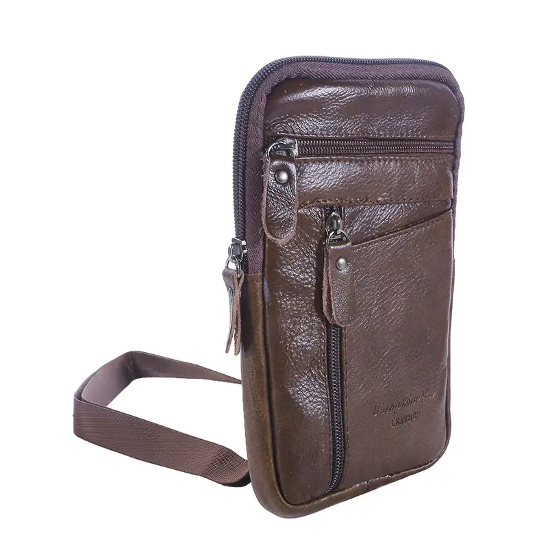 Leather Waist Bag Men's Mobile Phone Bag Waterproof Wearing Belt Luxury Bag Outdoor Sports One Shoulder Small Bag Shoulder Bag