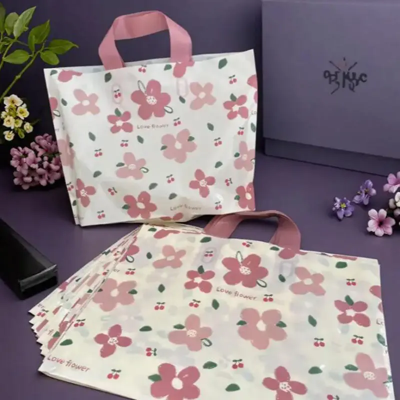 50Pcs Flower Printing Plastic Tote Bag Clothing Store Shopping Packaging Bags With Handle Party Gift Wrapping Pouches