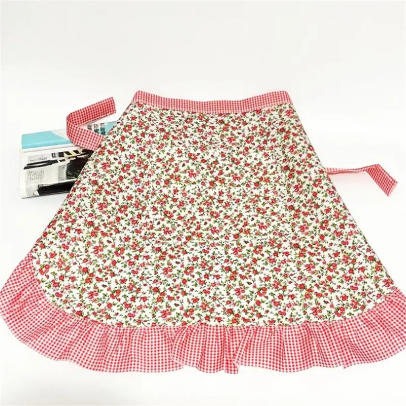 Kitchen Cooking Floral Apron Work Dining Half-length Long Waist Half Lace Apron Antifouling Cleaning Household Supplies