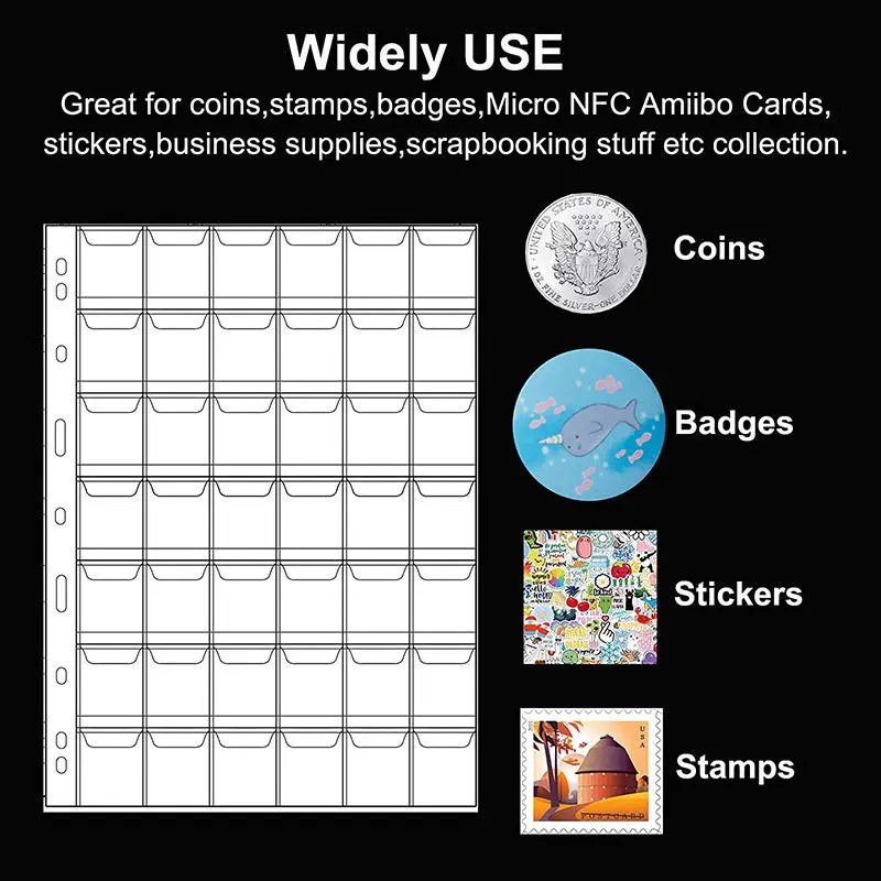 10pcs 20 42 Grids Coin Album Pages PVC Pocket Acid Free Coin Holder Stamp Collection Organizer Sheet Transparent Coin Loose Leaf