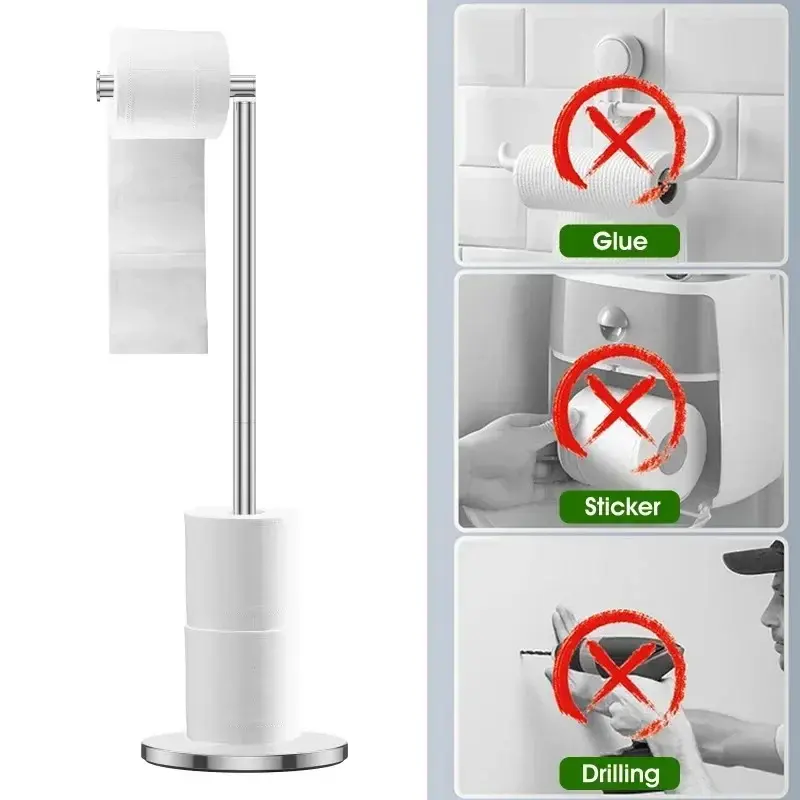 Freestanding Toilet Roll Holders Stainless Steel Toilet Paper Stand Anti-Rust Space Bathroom Tissue Rack Paper Dispenser Storage