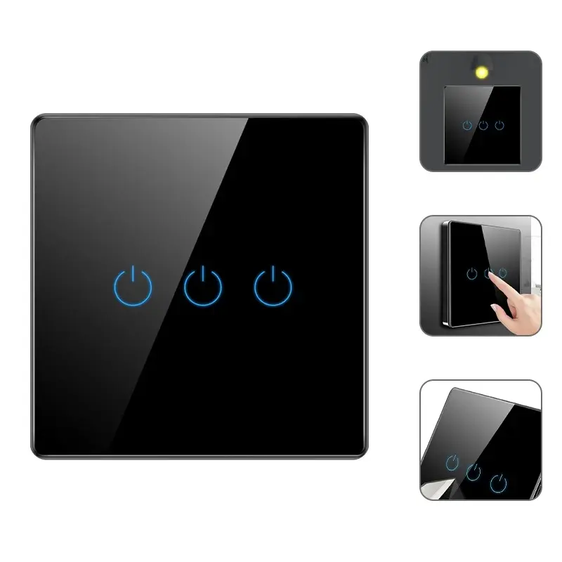 Wall Touch Switch 3Gang Tempered Black Crystal Glass Panel Power Wall Light Sensor Switches